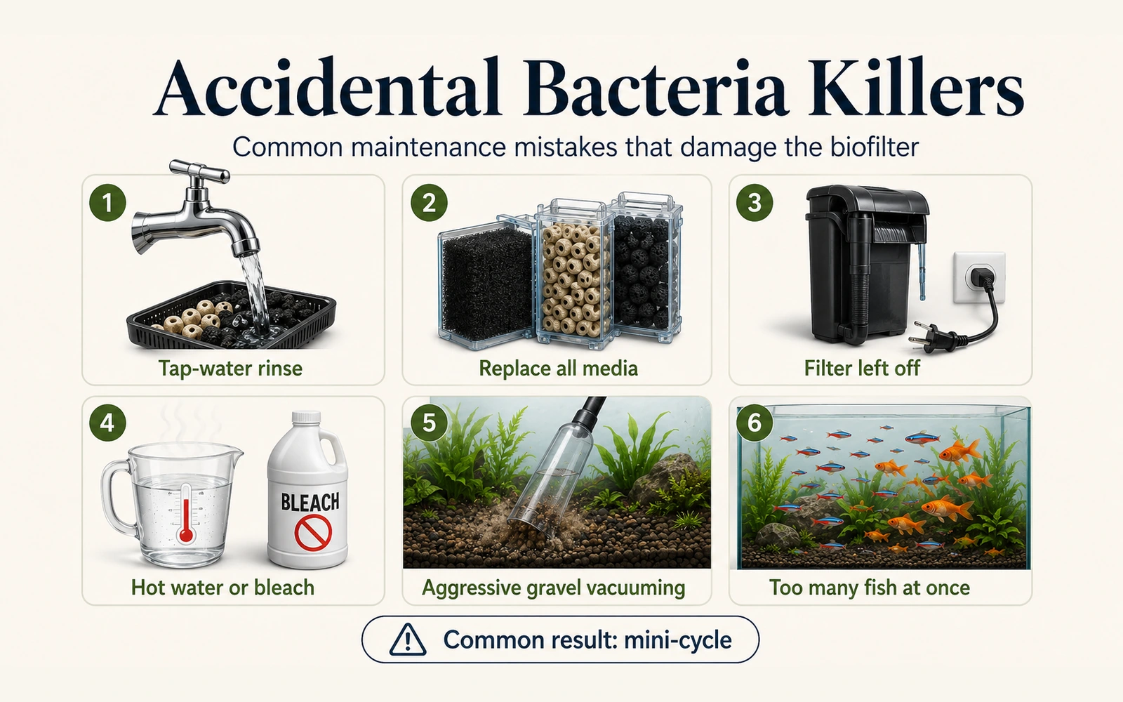 Checklist showing tap-water rinsing, replacing all media, filter shutdown, hot water or bleach, aggressive gravel cleaning, and overstocking