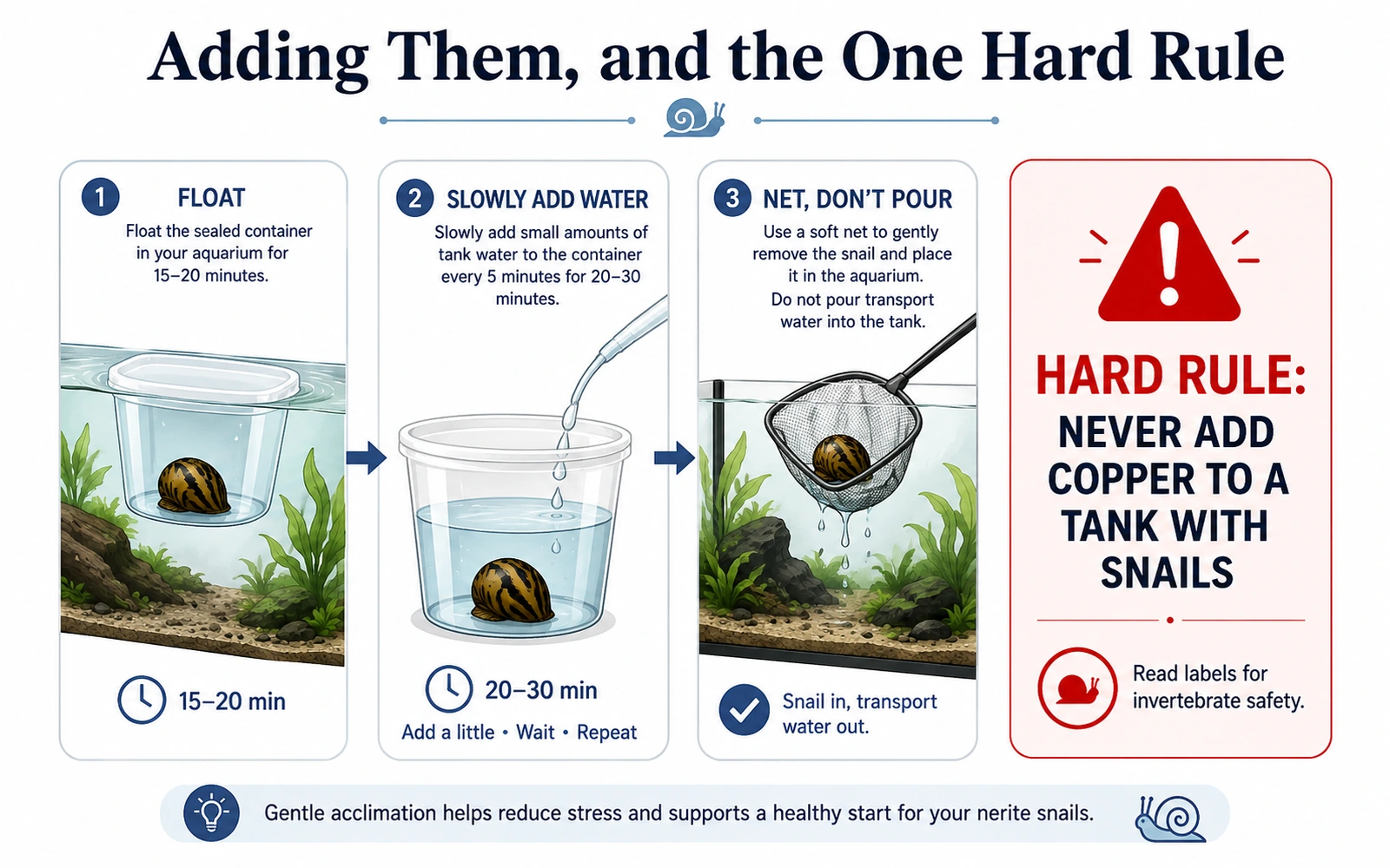 Minimalist infographic showing gentle nerite snail acclimation and a safety reminder to avoid copper in a snail tank.