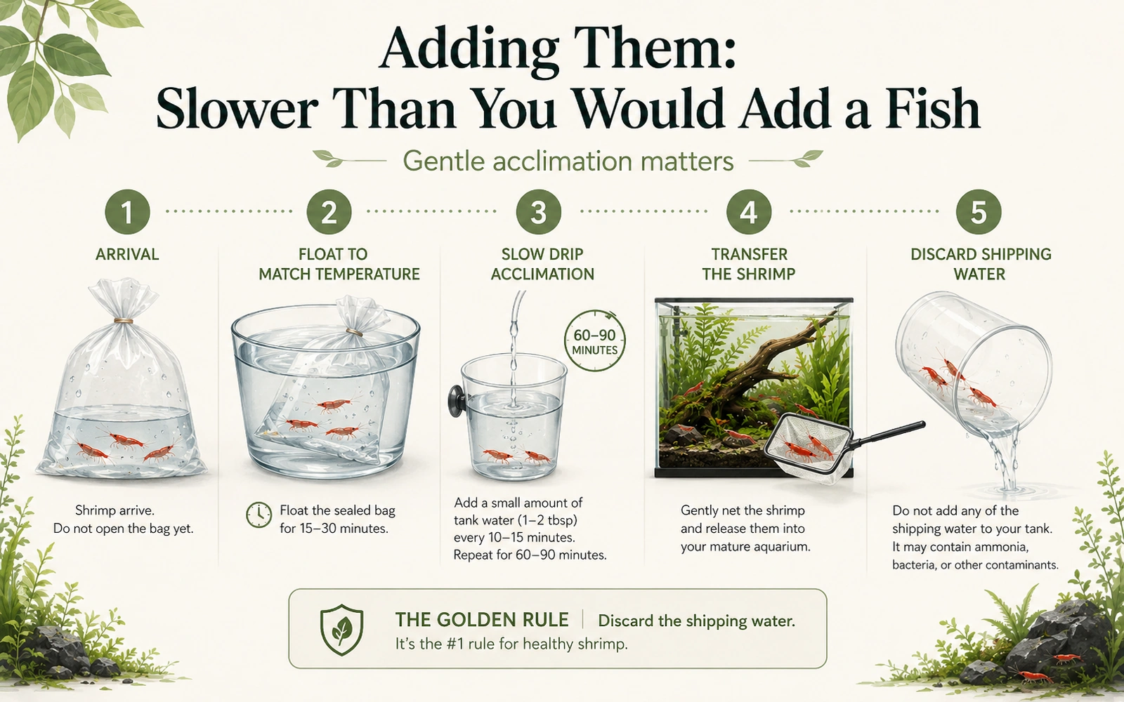 Step-by-step infographic showing gentle shrimp acclimation and discarding shipping water before transfer.