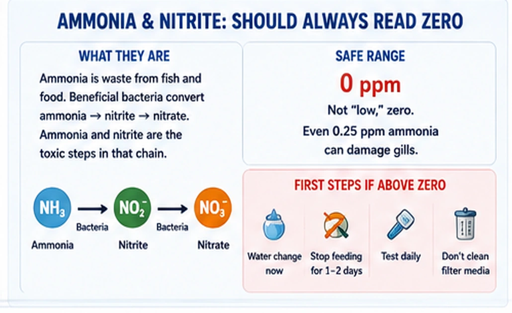 Aquarium nitrogen cycle diagram showing ammonia and nitrite at zero ppm and first steps when either rises above zero