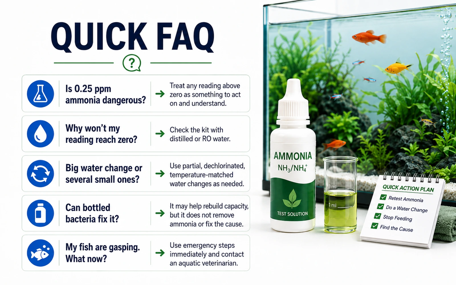 FAQ graphic answering common questions about aquarium ammonia levels, water changes and gasping fish