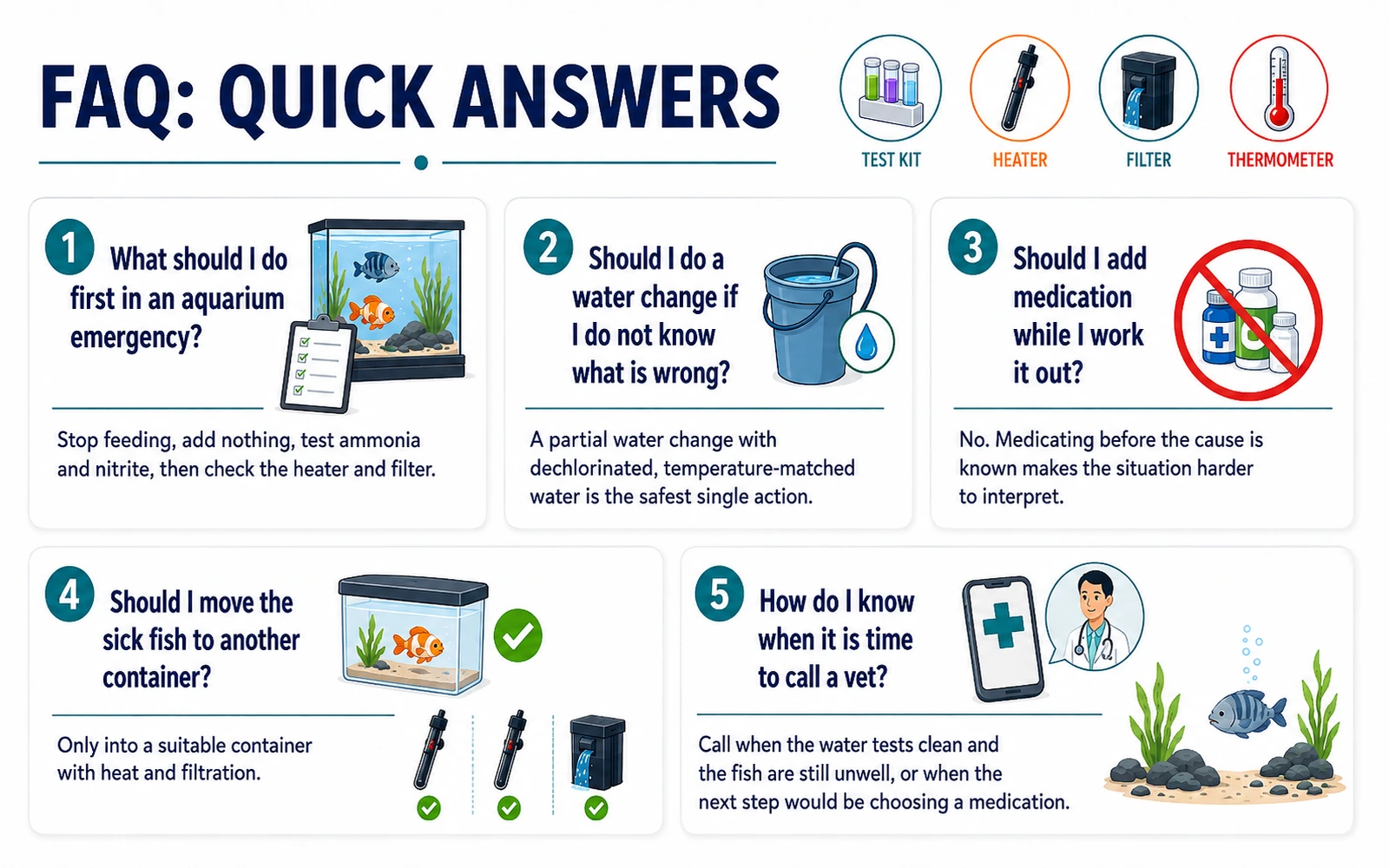 FAQ infographic with quick answers for aquarium emergencies.