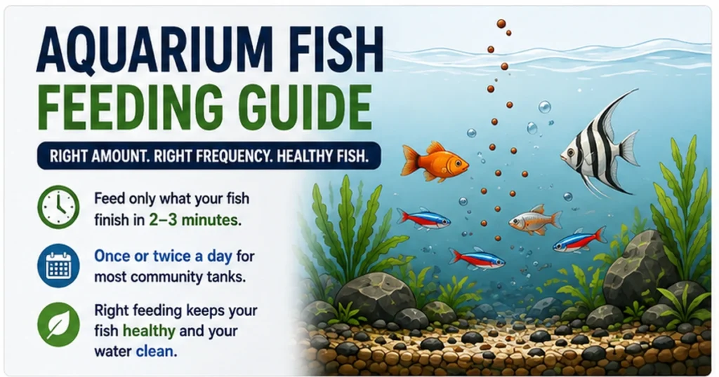 Aquarium fish feeding guide showing fish, food pellets, feeding time, and healthy tank habits