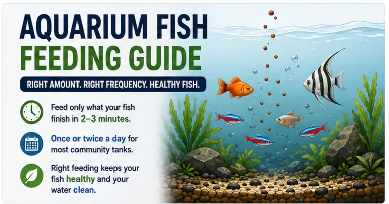 Aquarium fish feeding guide showing fish, food pellets, feeding time, and healthy tank habits