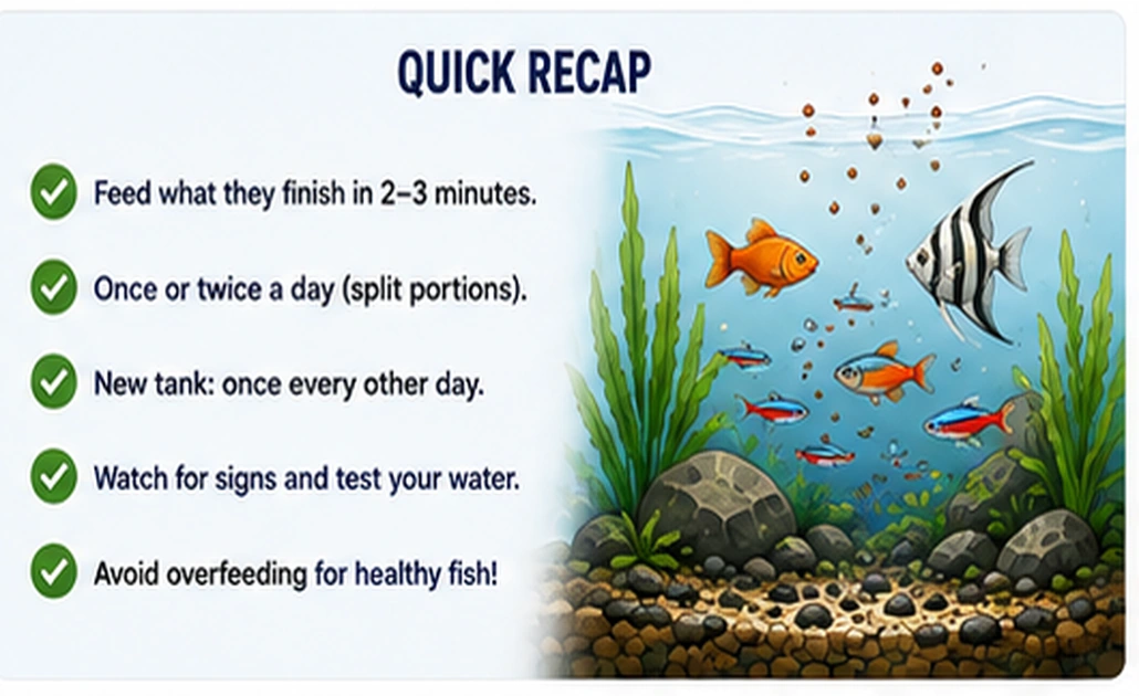 Quick fish feeding recap showing two-to-three-minute portions, once or twice daily feeding, new-tank caution, and water testing
