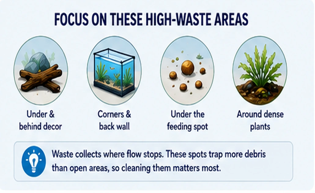 Aquarium waste hotspots under decor, in corners, below feeding areas, and around dense plants