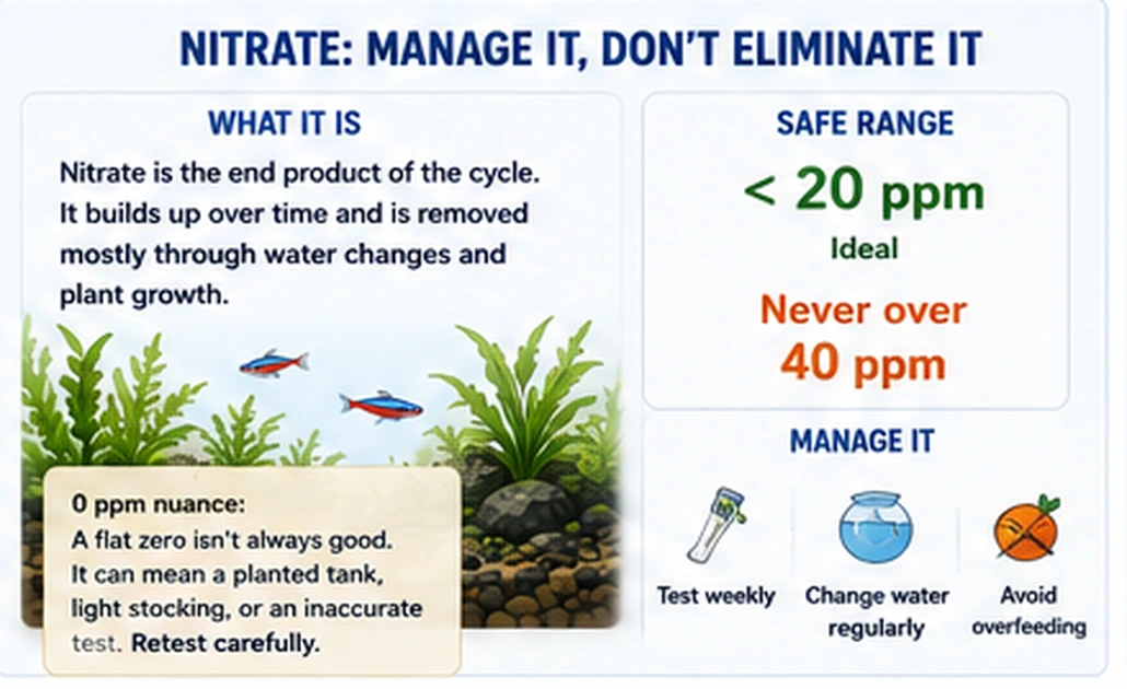 Aquarium nitrate guide showing under 20 ppm as ideal, never over 40 ppm, and water changes as the main control