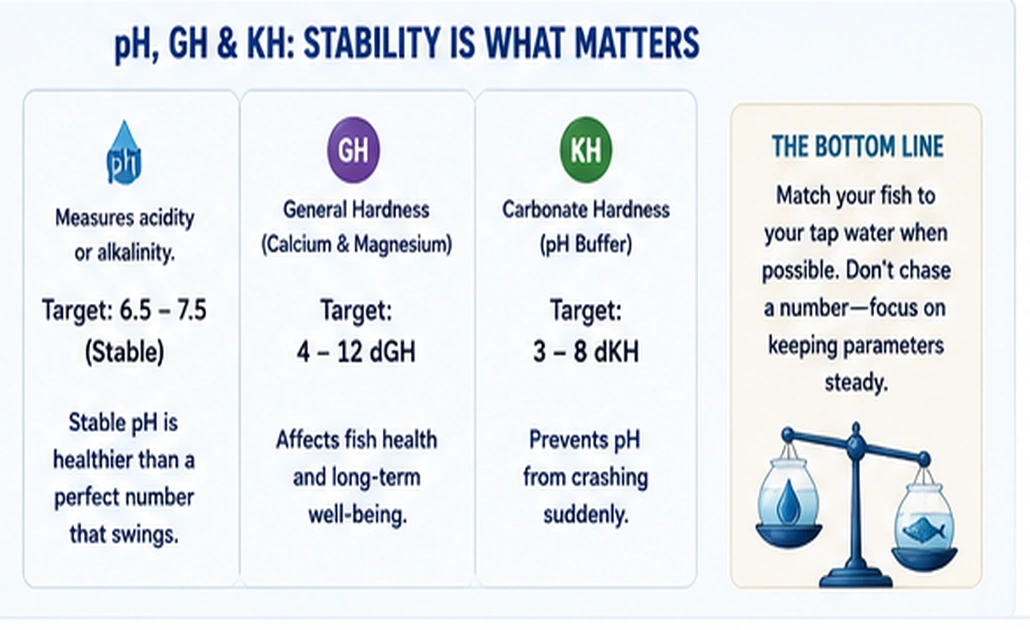 Freshwater aquarium pH, GH and KH guide showing stable pH and hardness ranges for community fish