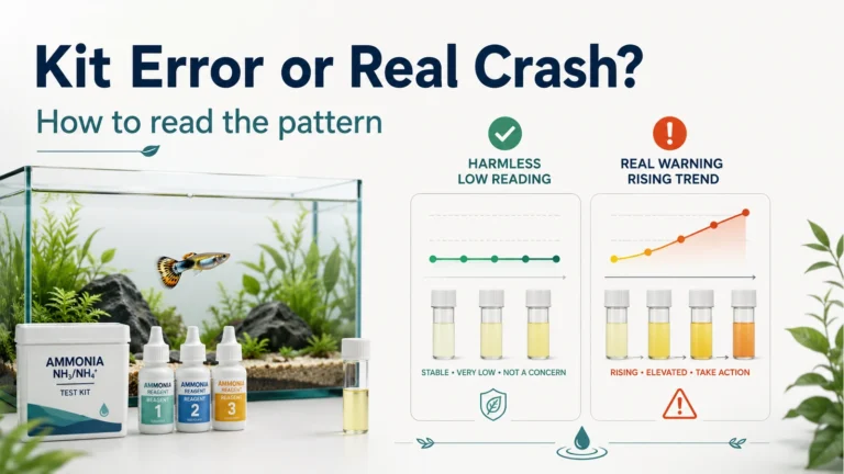 Aquarium ammonia test kit comparing a harmless stable low reading with a genuine rising warning trend