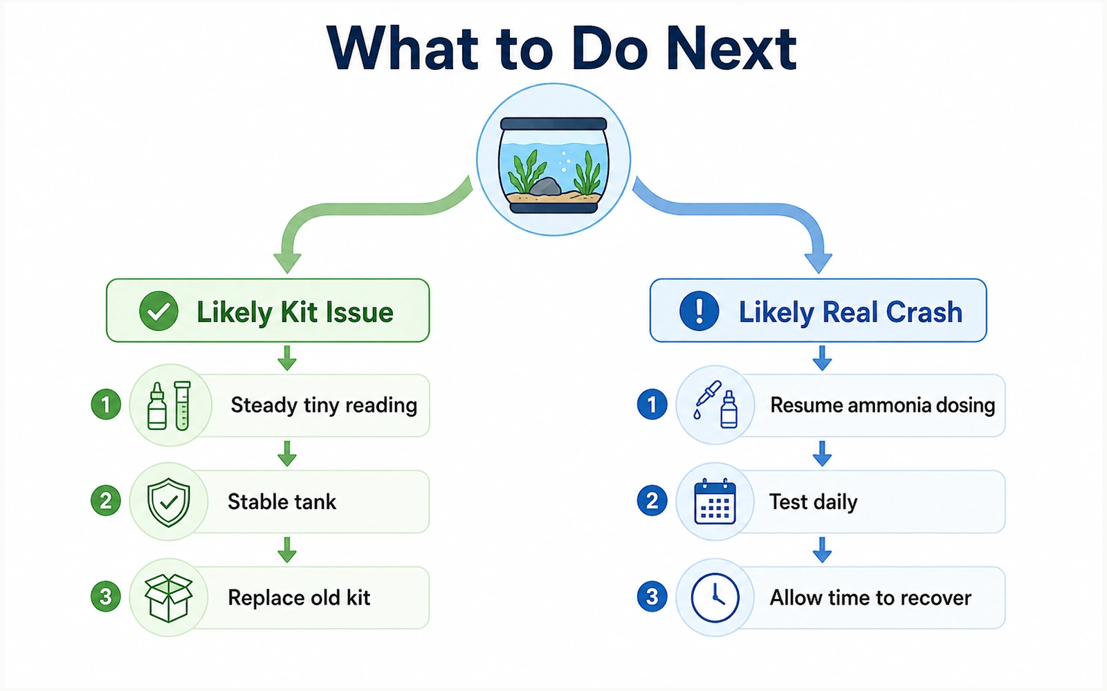 Decision path comparing next steps for a likely aquarium test-kit issue with next steps for a likely real cycle crash