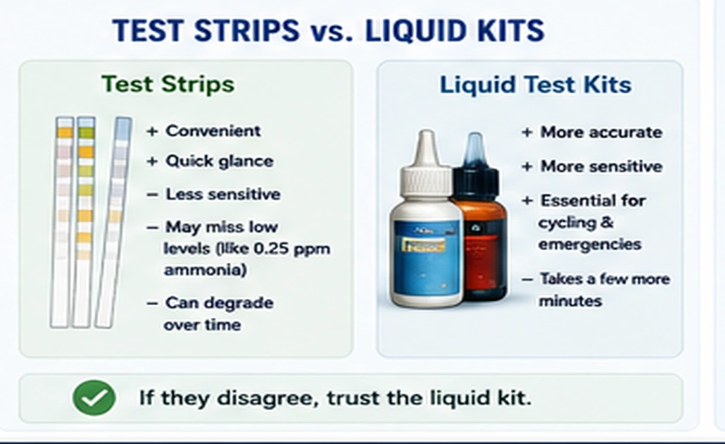 Comparison of aquarium test strips and liquid reagent kits showing convenience versus greater sensitivity and accuracy