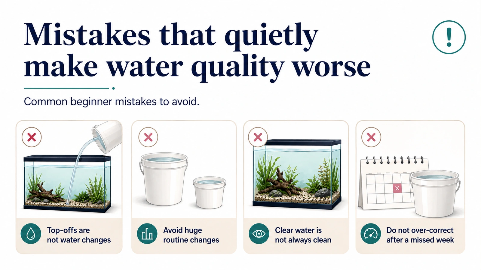 Four aquarium maintenance mistakes including relying on top-offs, making huge routine changes, trusting clear water, and over-correcting after missing a week