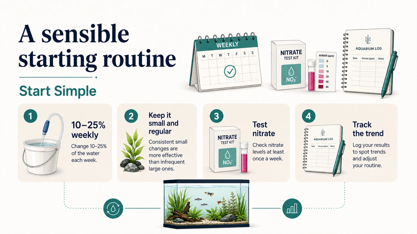 Four-step aquarium routine showing a ten-to-twenty-five-percent weekly change, small regular changes, nitrate testing, and result tracking