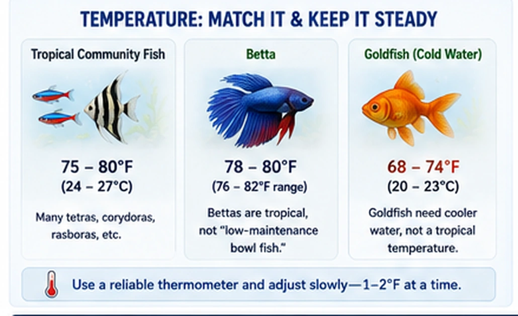 Aquarium temperature guide comparing tropical community fish, betta fish, and goldfish temperature ranges