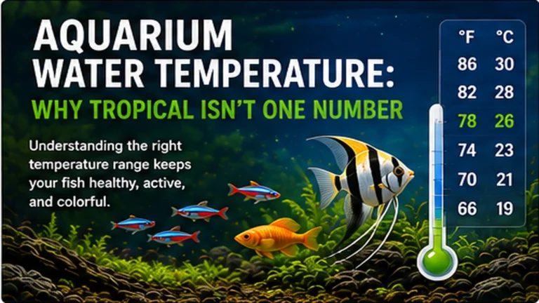 Freshwater tropical aquarium with thermometer and headline explaining that tropical aquarium temperature is not one fixed number
