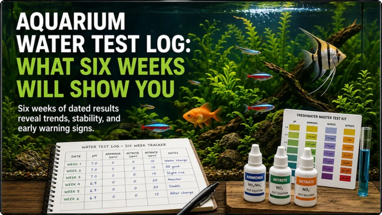 Featured aquarium infographic showing a six week aquarium water test log with aquarium background and water testing tools.