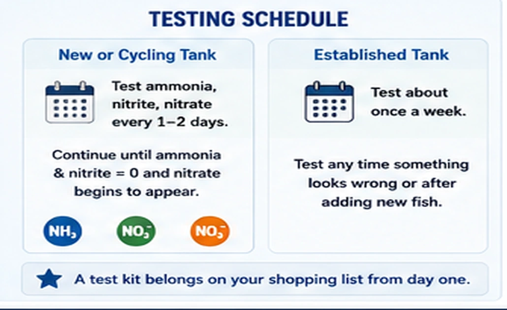 Aquarium water testing schedule comparing new or cycling tanks with established stable tanks