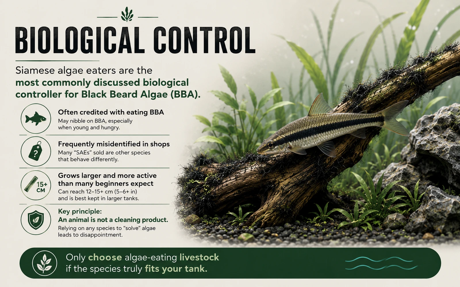 Infographic explaining biological control options such as Siamese algae eaters and the limits of using fish as cleanup tools.