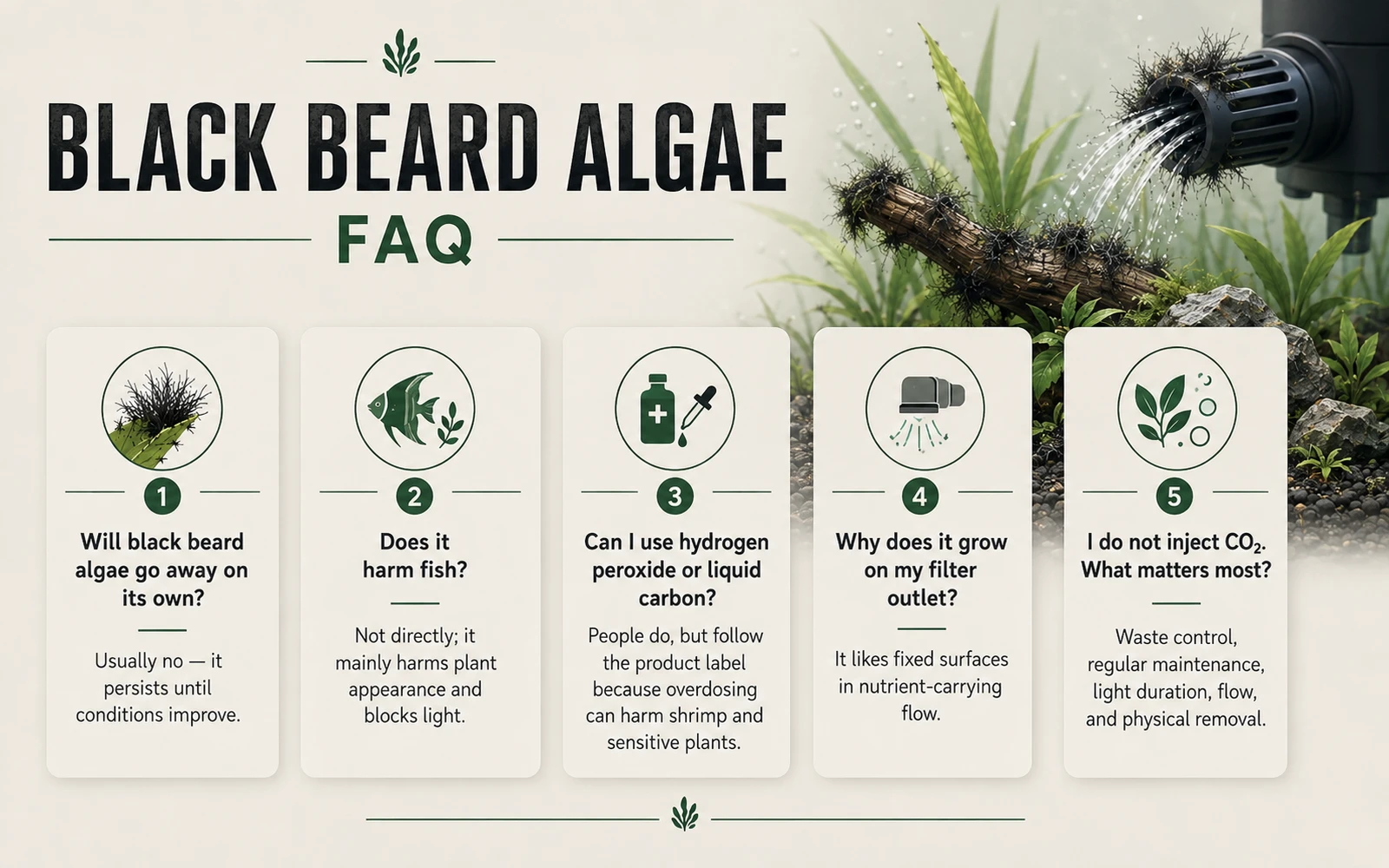 FAQ infographic with quick answers about black beard algae in aquariums.