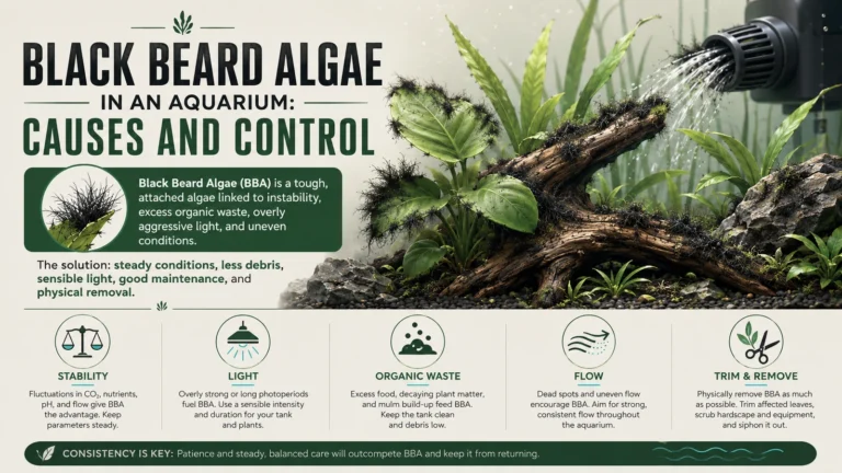 Featured minimalist aquarium infographic showing black beard algae on leaves and hardscape with key causes and control ideas.