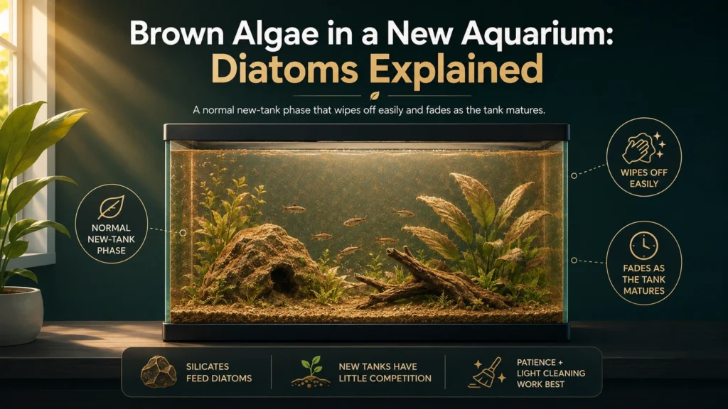 Featured minimalist aquarium infographic showing brown diatom film in a new aquarium and the main takeaways.