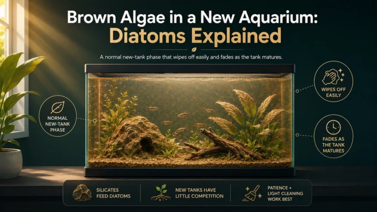 Featured minimalist aquarium infographic showing brown diatom film in a new aquarium and the main takeaways.