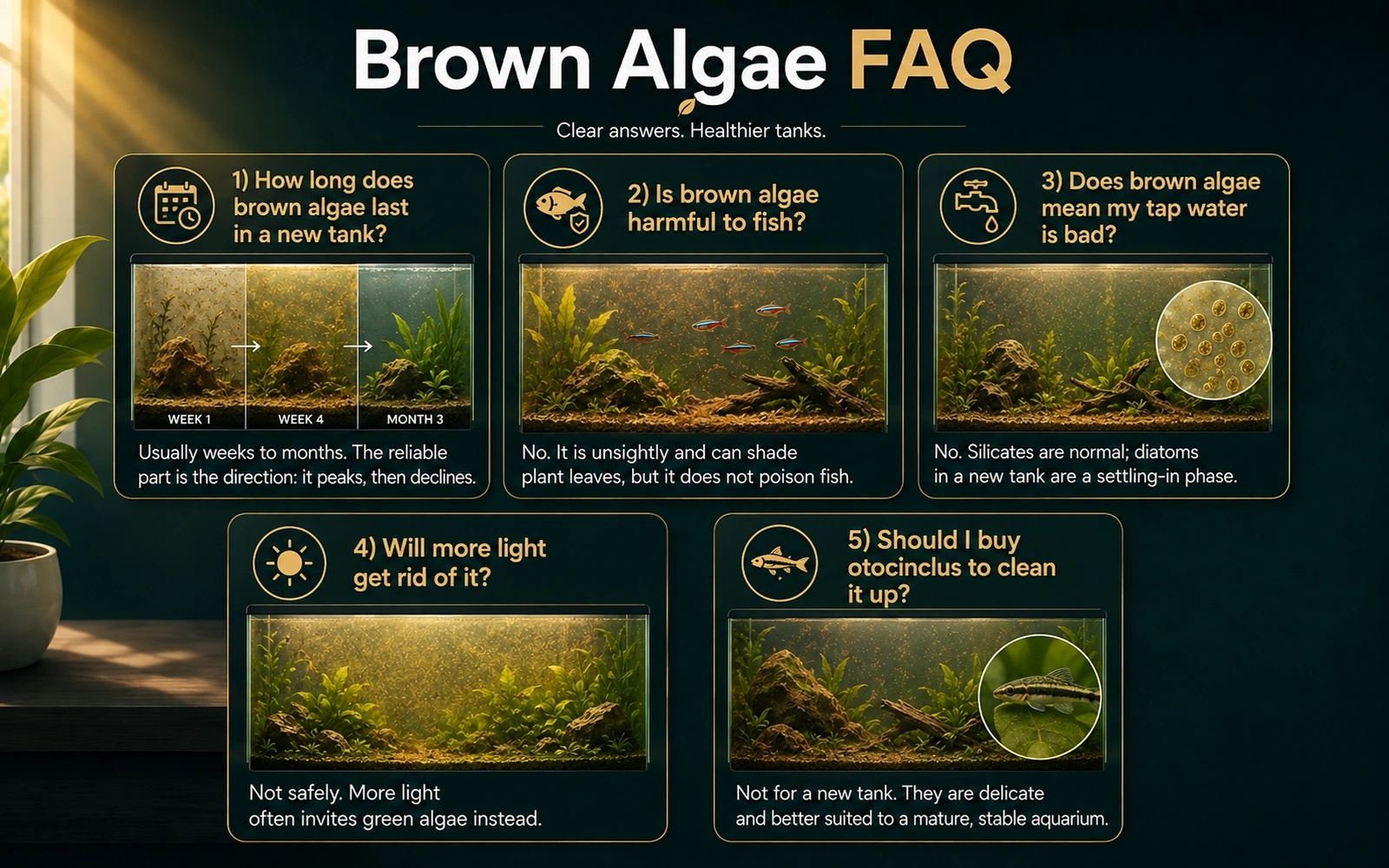 FAQ infographic with quick answers about brown algae and diatoms in a new aquarium.