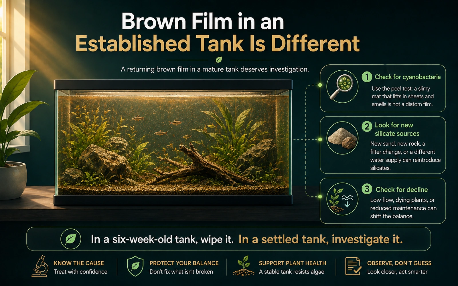 Infographic explaining why brown film in an established aquarium needs investigation instead of being treated like a normal new-tank phase.