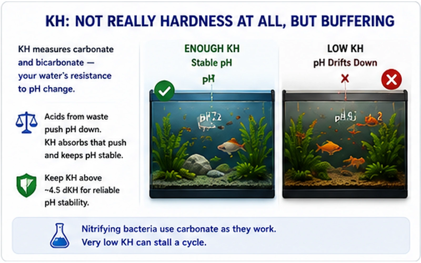 Carbonate hardness infographic comparing strong and weak KH buffering and showing how KH affects aquarium pH stability