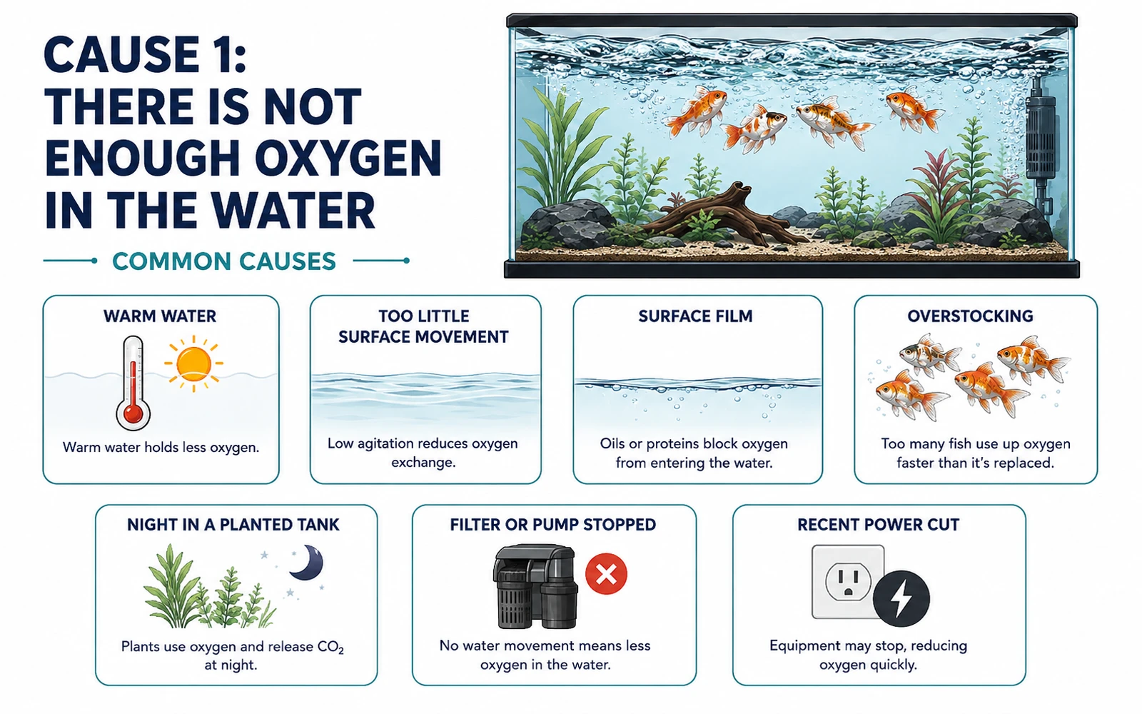 Infographic showing common causes of low oxygen in aquarium water.