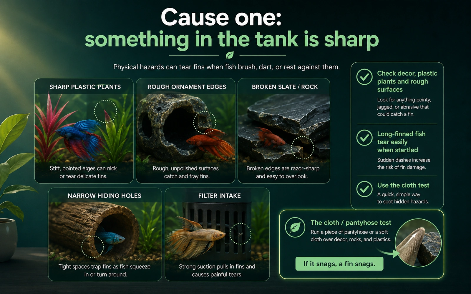 Aquarium safety infographic showing sharp decor, rough ornaments, broken rock, narrow hiding places, and filter intakes that can tear fins.
