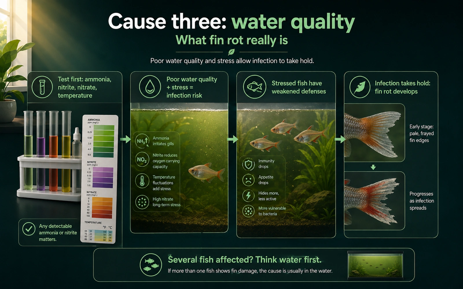 Infographic explaining how poor water quality and stress can allow fin infections to take hold.