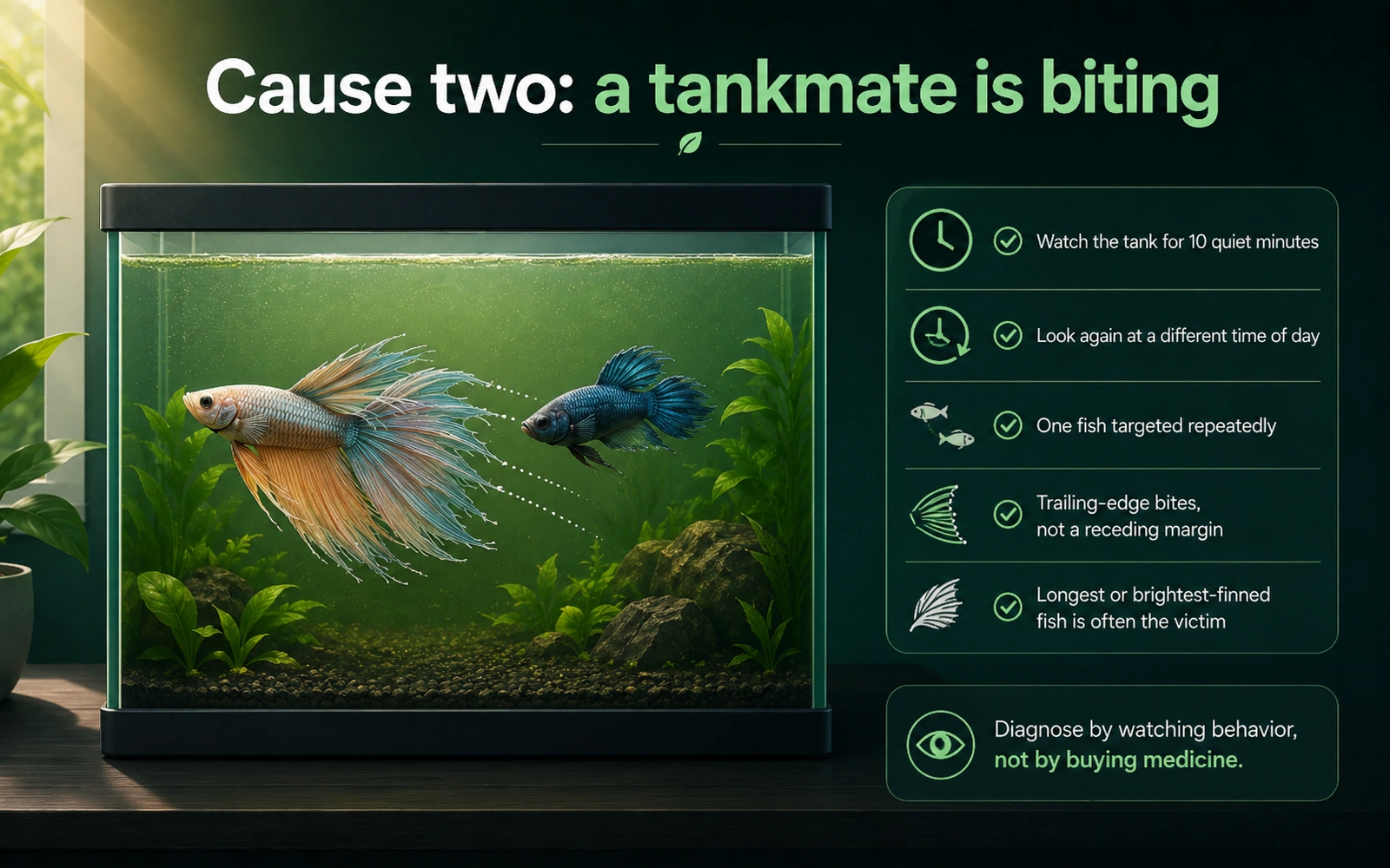 Infographic showing how to identify fin nipping by watching tankmate behavior and repeated targeting.