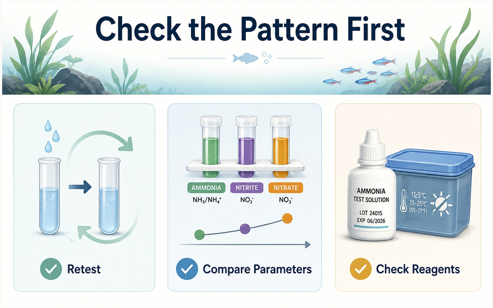Three-step aquarium water-testing checklist showing a fresh retest, comparison of ammonia nitrite and nitrate, and a reagent-age check