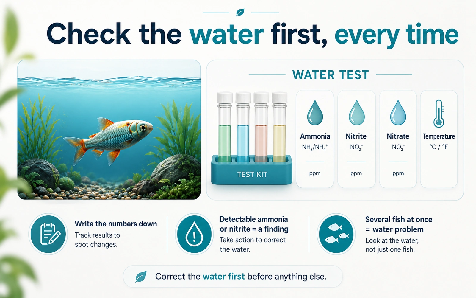 Infographic showing the first water checks for an unwell fish: ammonia, nitrite, nitrate, and temperature.