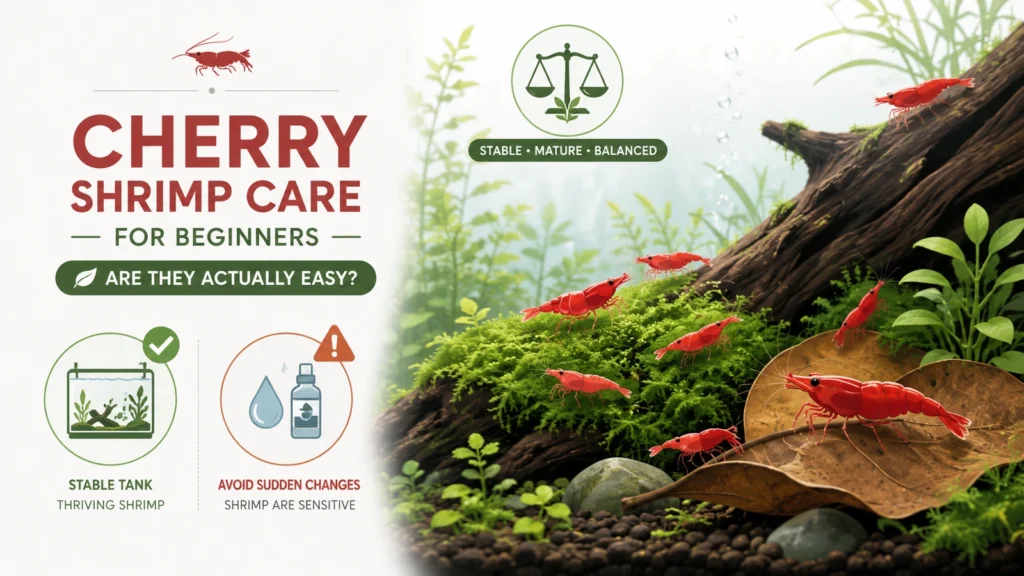 Featured minimalist aquarium infographic showing cherry shrimp in a mature planted tank with stable versus sudden-change guidance.