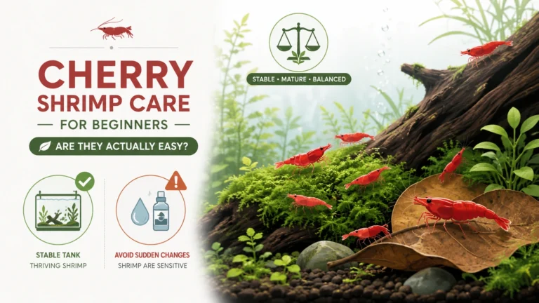 Featured minimalist aquarium infographic showing cherry shrimp in a mature planted tank with stable versus sudden-change guidance.