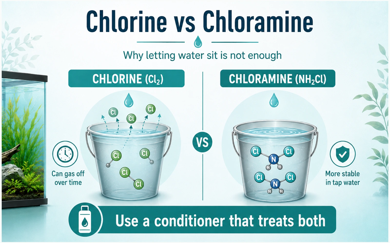 Comparison showing chlorine gassing off over time while chloramine remains stable in tap water