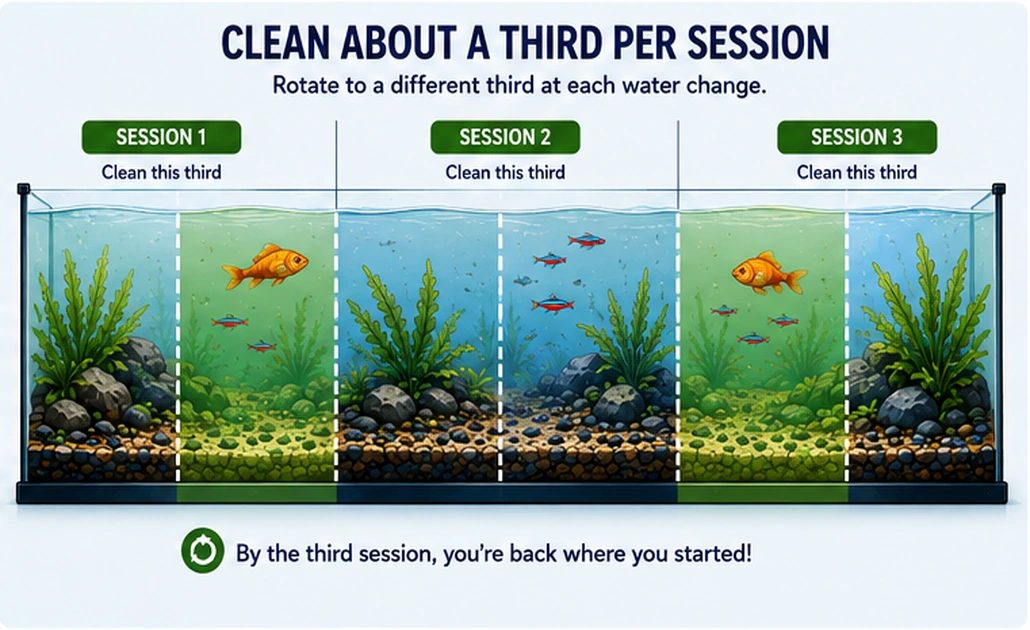 Aquarium divided into three substrate sections showing one third cleaned at each water change