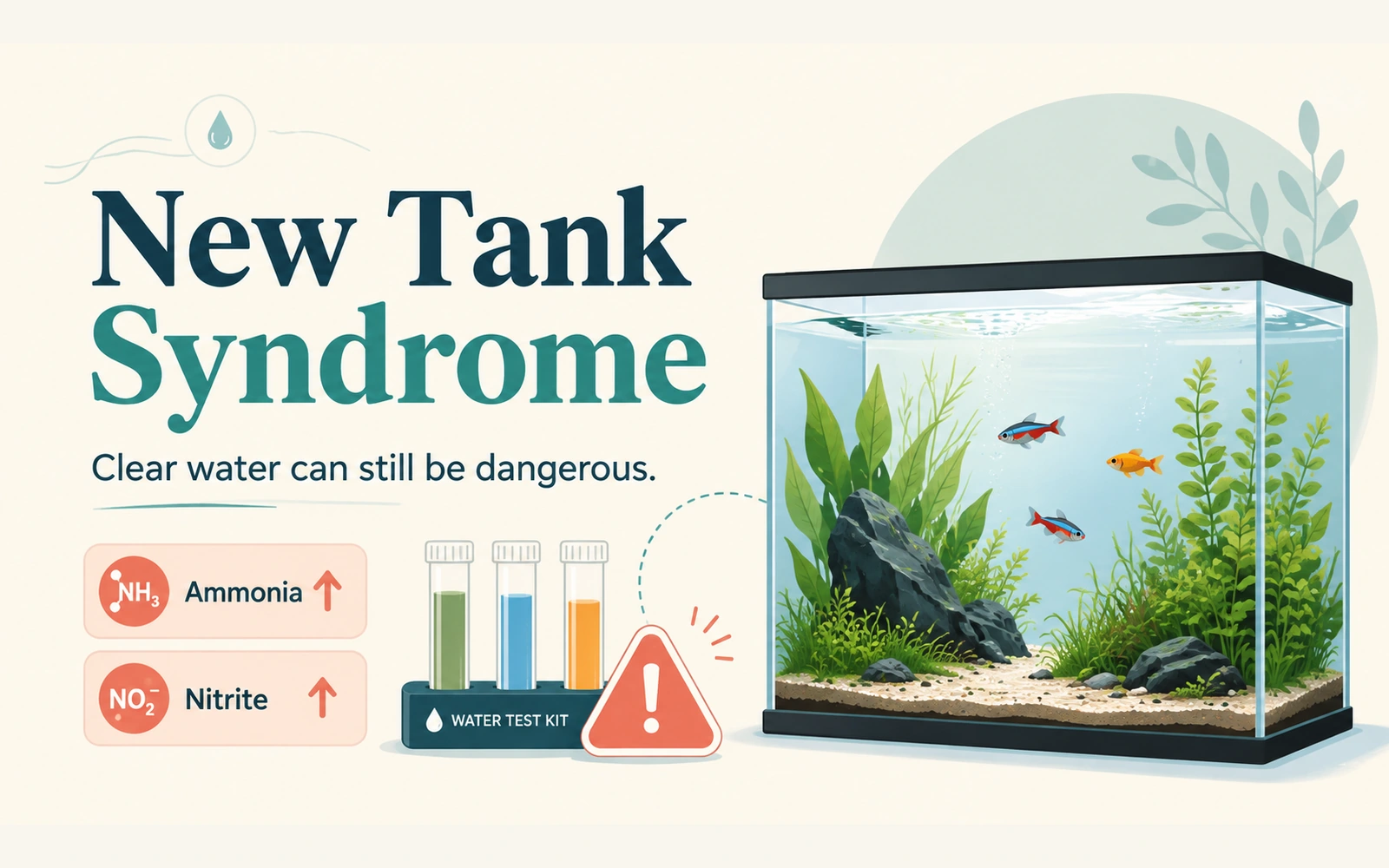 Clear planted aquarium beside a liquid water test kit showing elevated ammonia and nitrite