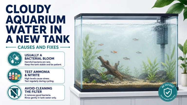 Featured minimalist aquarium infographic showing cloudy water in a new tank with bacterial bloom guidance.