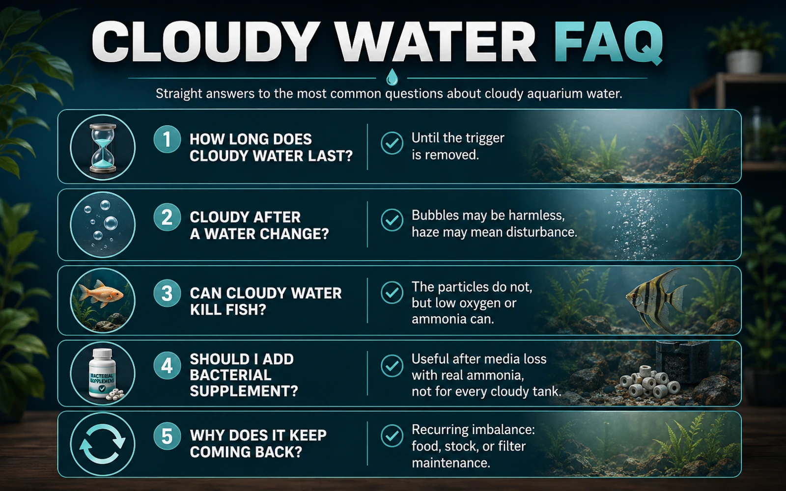 FAQ infographic with quick answers about cloudy water in an established aquarium.