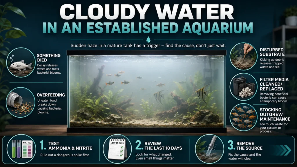 Featured minimalist aquarium infographic showing sudden cloudy water in an established tank and the main real causes.
