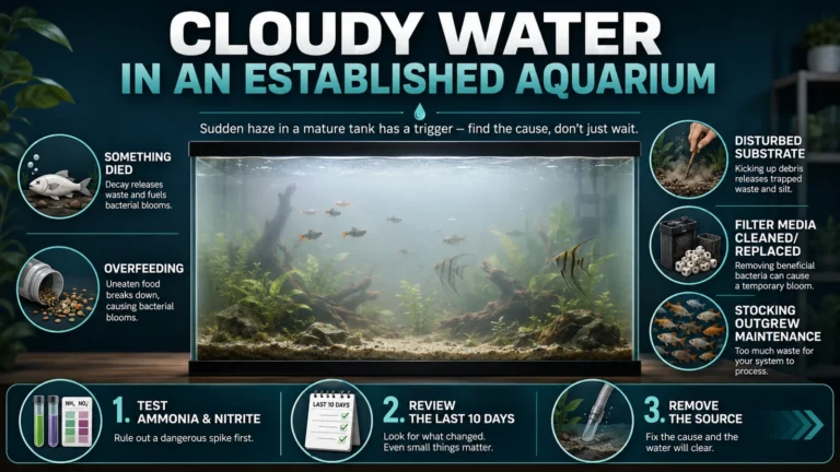 Featured minimalist aquarium infographic showing sudden cloudy water in an established tank and the main real causes.