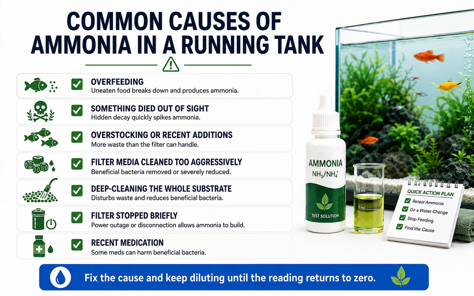 Checklist of common causes of ammonia in an established aquarium including overfeeding, dead livestock and filter issues