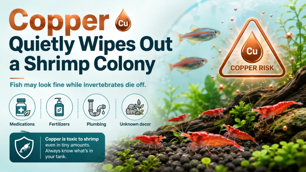 Featured minimalist aquarium infographic showing copper risk in a shrimp tank and explaining that fish may appear fine while invertebrates are affected.