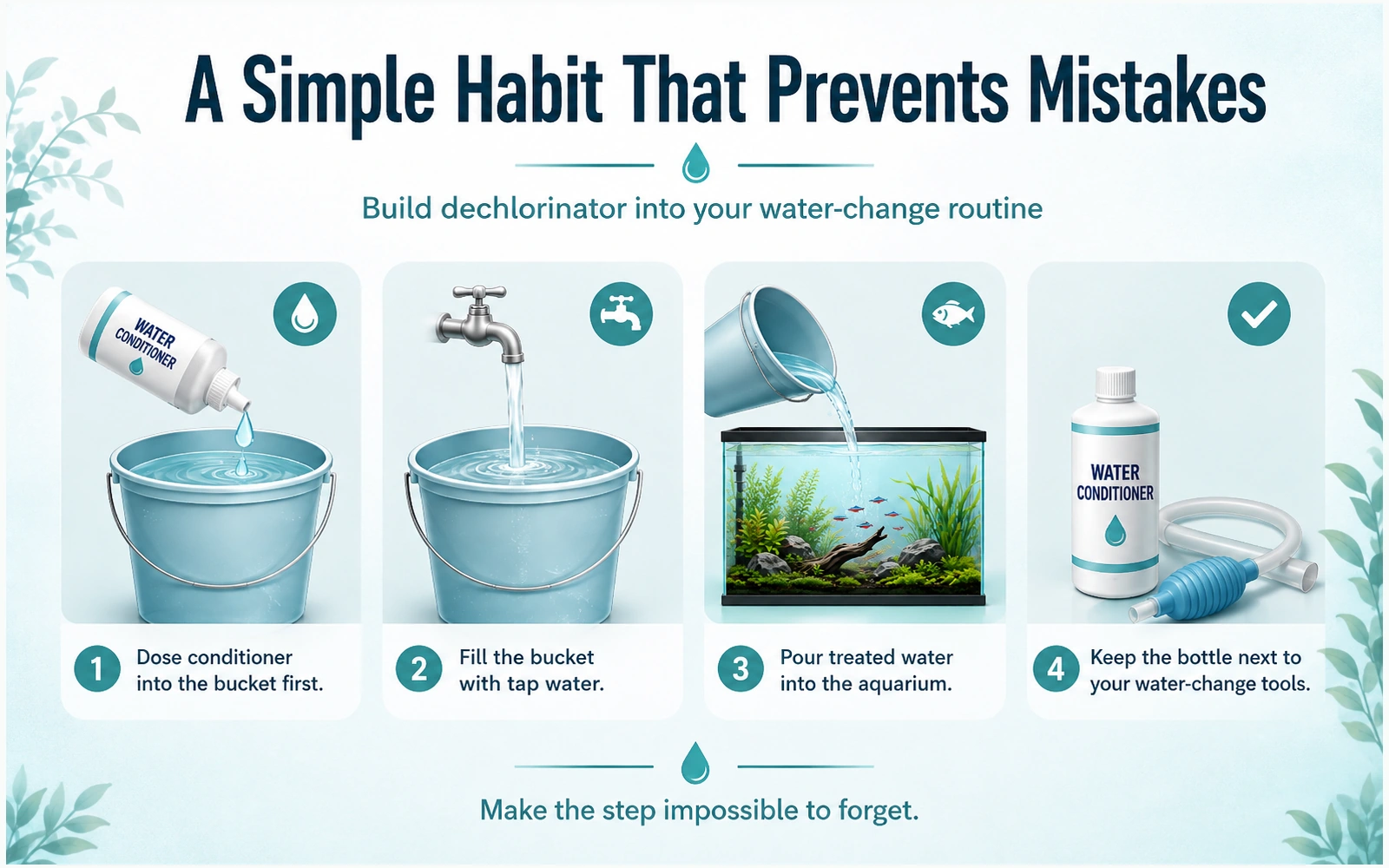 Four-step routine showing conditioner added to an empty bucket, tap water added, treated water poured into the aquarium, and the bottle stored beside water-change tools