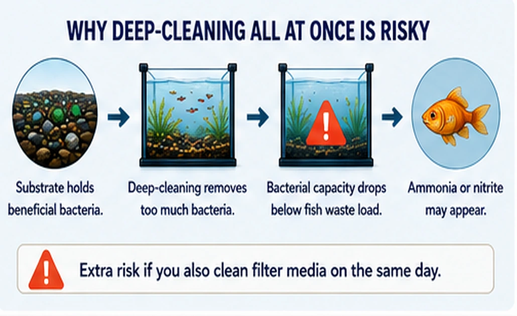 Diagram showing beneficial bacteria loss after deep substrate cleaning and possible ammonia or nitrite