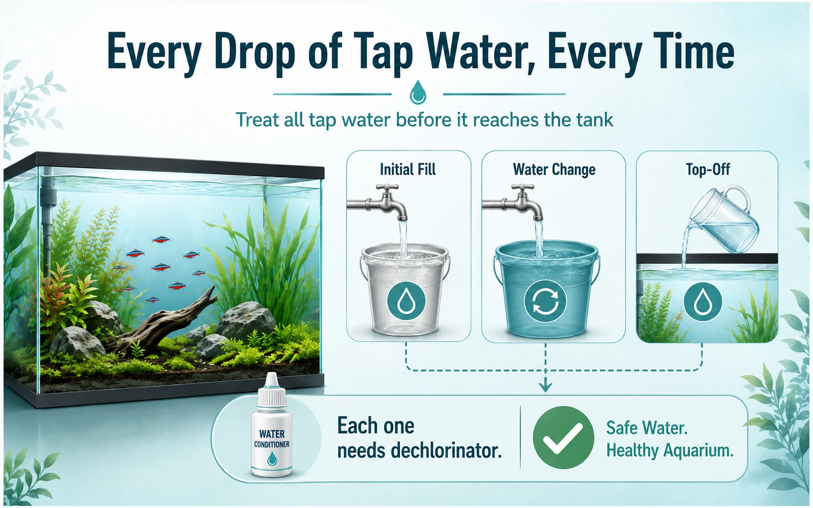 Aquarium initial fill, partial water change, and evaporation top-off shown as three situations that all require dechlorinator