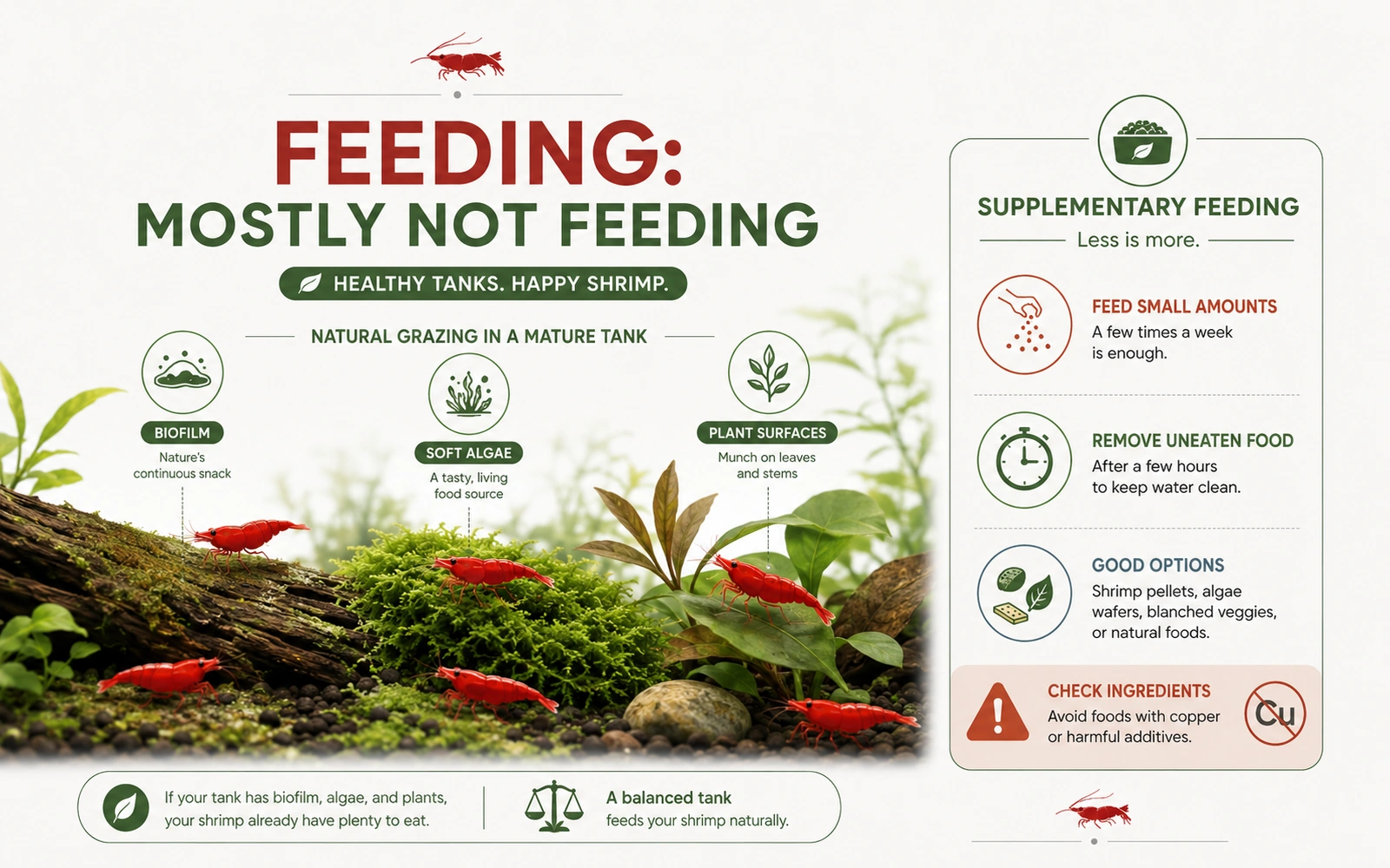 Infographic showing natural shrimp feeding from biofilm and algae with small supplementary feeding and removal of uneaten food.